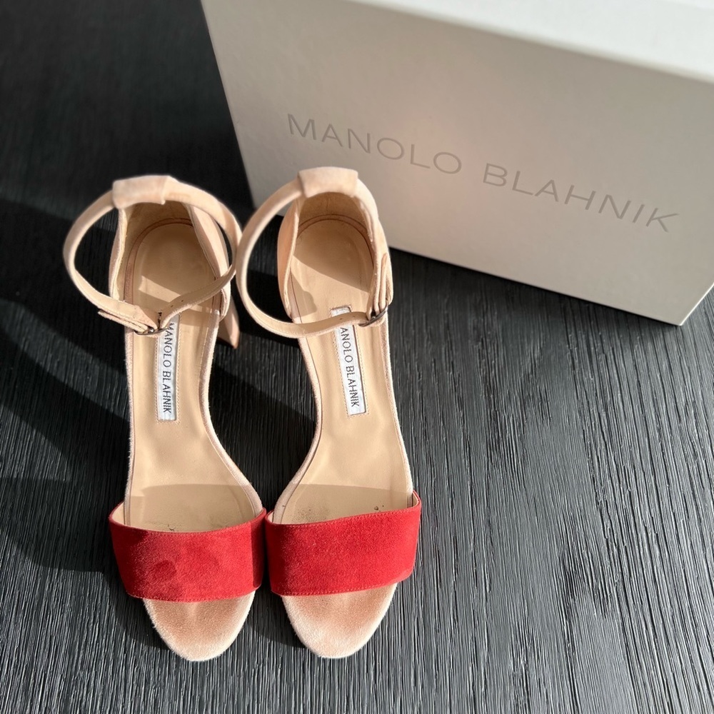 Manolo Blahnik Sz 38 Red and Tan Heels Lauratomod Velukid Block Sandals NO BOX